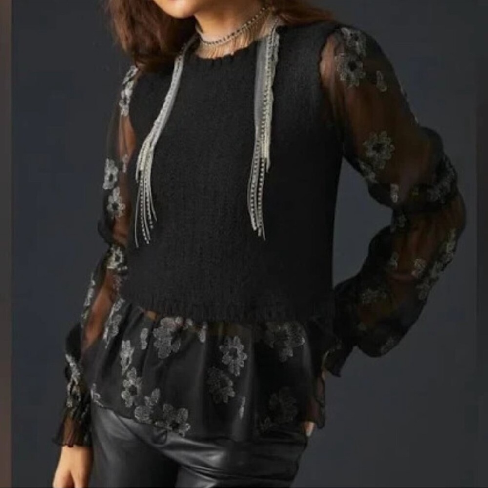 Anthropologie Black Sheer Floral Blouse